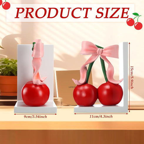 Wovnet 2 Pcs Pink Bow Cherry Bookends Wooden Pink Bookends Shelves Coquette Room Decor Cute Cherry Figurine Book Ends