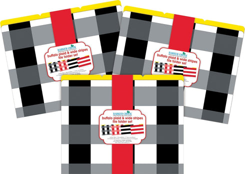 Barker Creek Designer File Folders - Set of 36, Buffalo Plaid & Wide Stripes, Multi-Design Set with Plaids, Stripes on