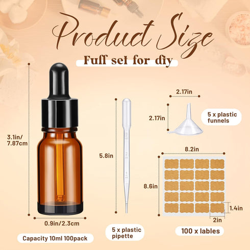 Lallisa 100 Pack Essential Oil Dropper Bottle 10 ml - Glass Bottles with Eye Dropper Dispenser and Accessories