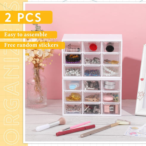 Small Drawer Organizer Set of 2, Teacher Toolbox with 9 Clear Drawers, Plastic Desktop Craft Storage Box for Home,