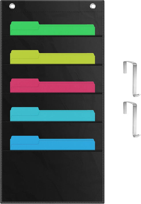 ZKOO 5 Pockets Hanging Wall File Organizer for A4/Legal/Letter Size Documents, Sturdy Black Pocket Chart