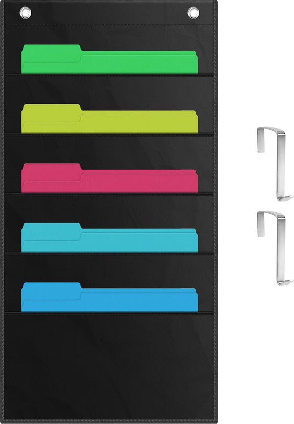 ZKOO 5 Pockets Hanging Wall File Organizer for A4/Legal/Letter Size Documents, Sturdy Black Pocket Chart