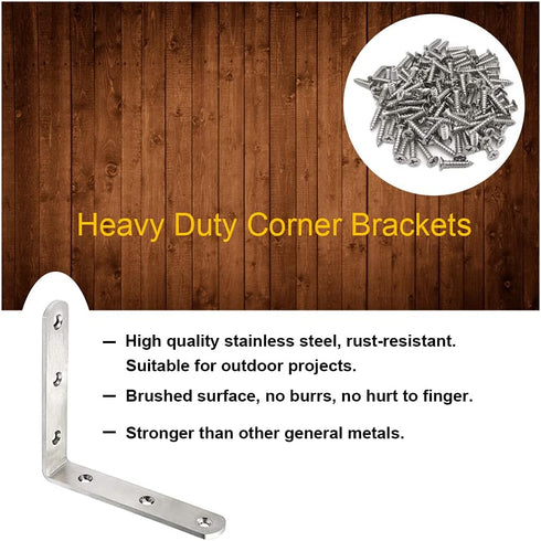 10 Pack 4 Inch 90 L Bracket Corner Braces Stainless Steel Heavy Duty Shelf Bracket for Wood Shelves, Wall Hanging