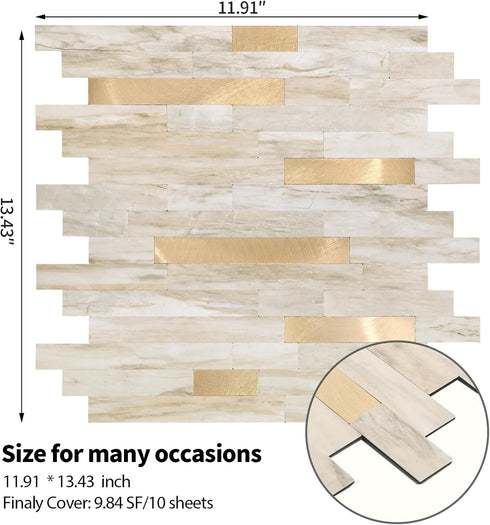 Yipscazo 10 Sheets Peel and Stick Stone Metal Tile Backsplash, 12'' X 12'', Beige Stone with Gold for Kitchen, Bathroom