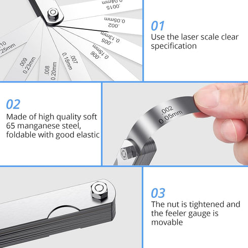 CAMWAY Straight Feeler Gauge, 32 Blades Thickness Gauge Metric Inch 0.04-0.88mm/0.0015-0.035 Inch for Valves, Spark