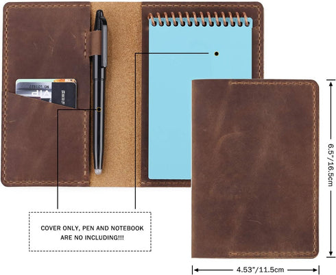 Leather Journal Cover - Compatible with 3.5" x 5.5" Pocket Size Notebook, Brown with Pen Loop