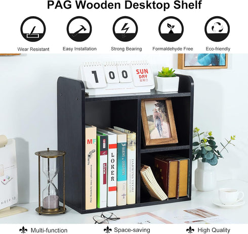 PAG Desktop Shelf Freestanding Wood Small Bookshelf Desk Supplies Organizers and Accessories Storage Display Rack