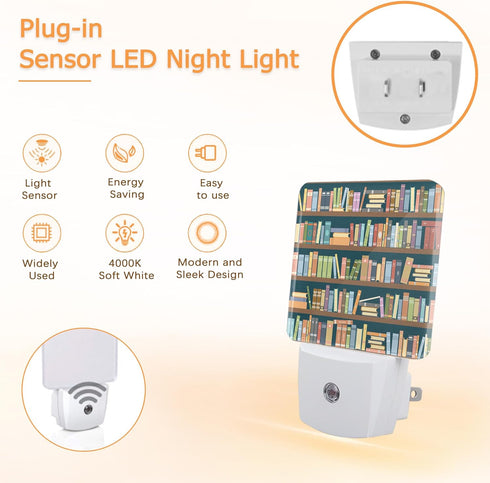 YASHILAIYA Bookshelf Library Book Night Light,Night Lights Plug into Wall LED Dusk to Dawn Light Sensors Indoor Home