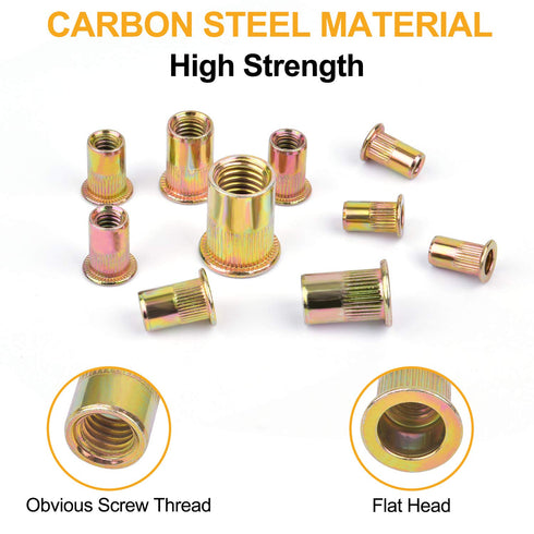 VIGRUE Rivet Nuts Assortment Kit, 230PCS SAE and Metric Carbon Steel UNC Nutserts, Zinc Plated, Flat Head Insert Nut