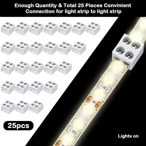 25 Pack 2 Pin LED Connectors for Strip Lights, Solderless LED Tape Light Connector Tape to Tape, 0.3 Inch/8 mm