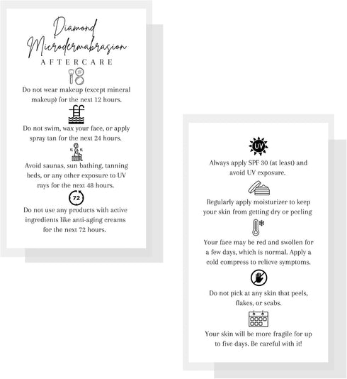 Lashicorn 50 Pack 2x3.5 inch Diamond Microdermabrasion Aftercare Cards | | Business Card | Esthetician Supplies |