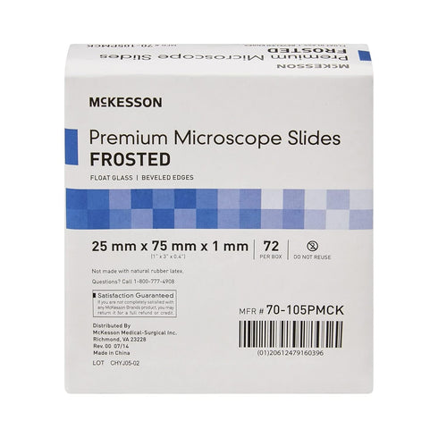 McKesson Premium Microscope Slides, Frosted, Float Glass, Beveled Edges, 25 mm x 75 mm x 1 mm, 72 Count