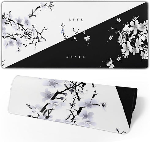 Japanese Life Death Keyboard Mat, Black White Anime Gaming Mouse Pad with Anti-Slip Rubber Base, Sakura Pagoda Sun
