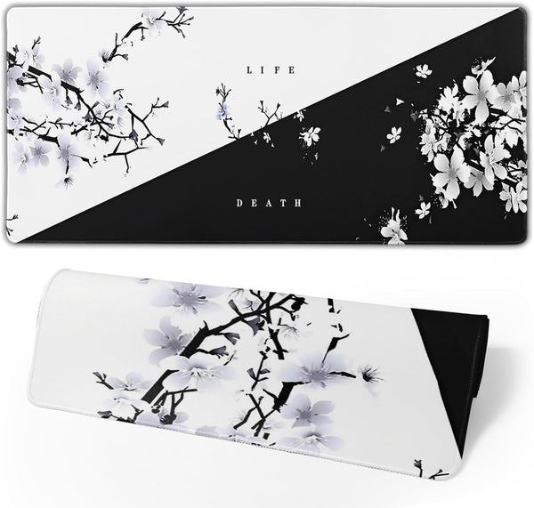 Japanese Life Death Keyboard Mat, Black White Anime Gaming Mouse Pad with Anti-Slip Rubber Base, Sakura Pagoda Sun