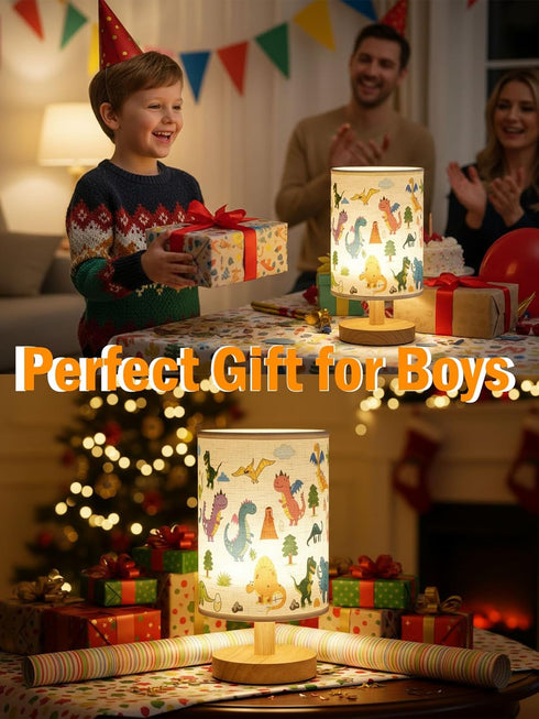Boys,3 Dimmable Kids Table Lamp for Bedroom,Dinosaur Room Decor for Level Wood Nightstand Desk Base Flaxen Fabric Shade