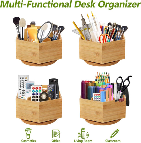Marbrasse Bamboo Art Supply Organizer, Rotating Pencil Pen Holder for Office Supplies