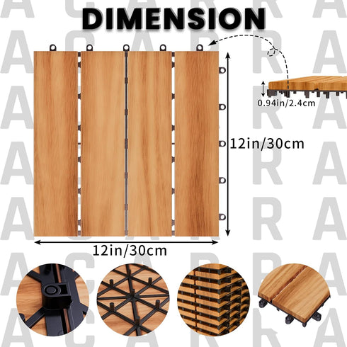 12" 12" 27 (4-Slat Acacia Wood Deck Tiles, x Interlocking Outdoor Flooring for Patio, Balcony, Backyard & Garden