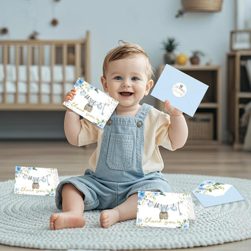 SMUAENSS 24 Pack Blue Rose Baby Shower Thank You Cards, Boy Baby Gift Card with Envelopes and Stickers, Greeting Cards