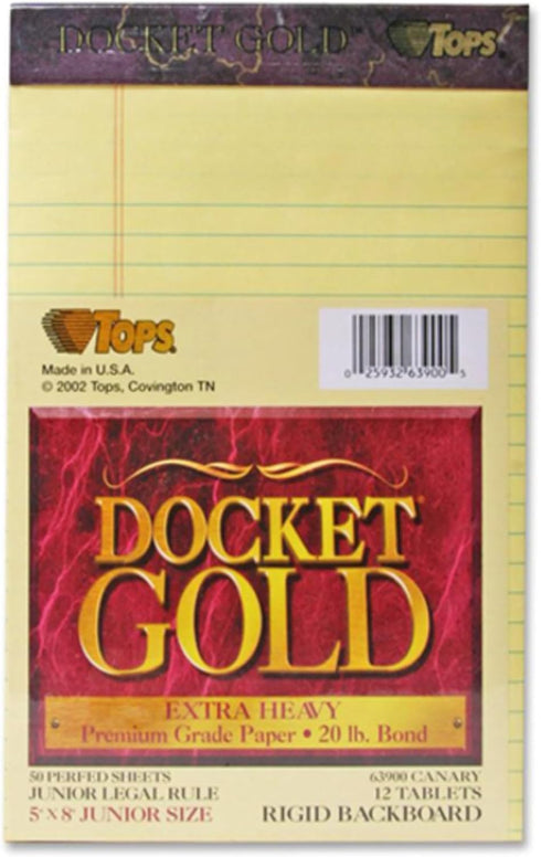TOPS Docket Gold Writing Pads, Jr. Legal Rule, 5" x 8", Canary Paper, 50 Sheets, 12 Pack (63900)