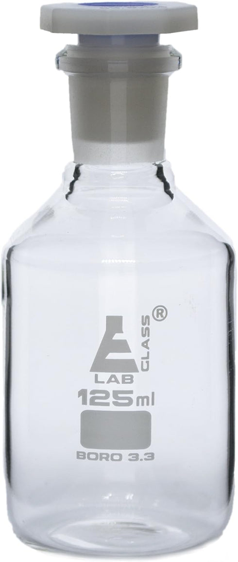 EISCO 125mL Glass Reagent Bottle with Acid Proof Polypropylene Stopper, Borosilicate 3.3 Glass