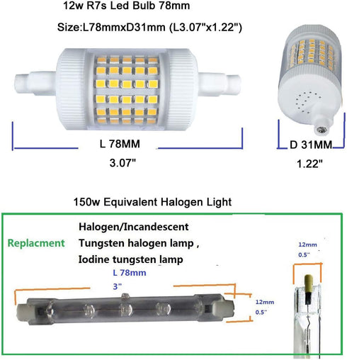 QLEE Dimmable 12W R7s Bulb 78mm 150W 3.1" T3 R7s 120V 2PCS LED Daylight Equivalent Halogen Double Ended J Base Flooding