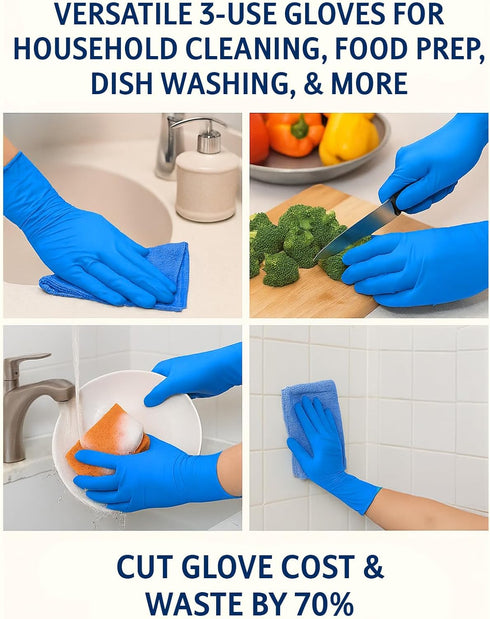 3-Use 5mil 3x, 70%, STRONG 'n FLEX Disposable Nitrile Gloves Reuse Save Tear-Resistant, Latex-Free, Household & Food