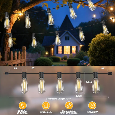 Adirxon 25 13 Bulbs FT Outdoor String Lights with Shatterproof Waterproof LED Edison Connectable Hanging Patio Lights