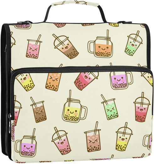 Krafig 3 Bubble Milk Tea Funny Zipper Binder Bag Ring with Handle Shoulder Strap, Binder File Organizer Bag Storage