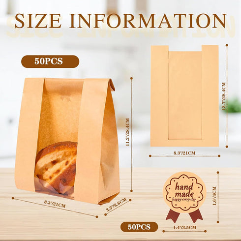 50 Pack Packaging, 50 Paper Bakery Bread Bags for Homemade Bread, Sourdough Bag with Window for Pastry Bagel Large