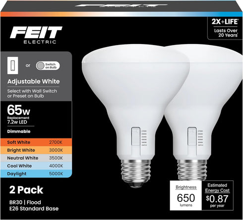 Feit Electric BR30 LED Light Bulb, 65W Equivalent, Dimmable, Color Selectable 6-Way,