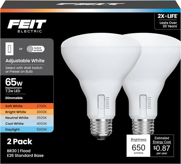 Feit Electric BR30 LED Light Bulb, 65W Equivalent, Dimmable, Color Selectable 6-Way,