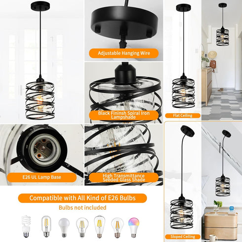 Black Pendant Lights for Kitchen Island, Industrial Farmhouse Pendant Light Fixtures with Seeded Glass Shade