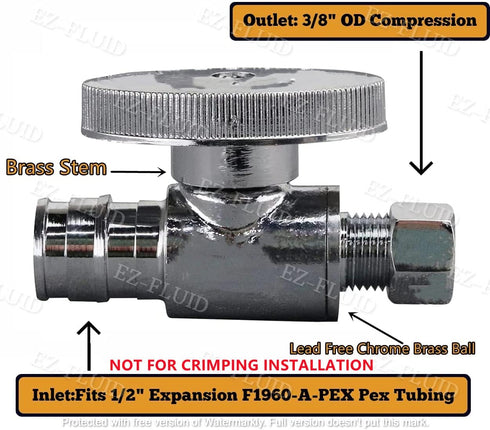 EZ-Fluid Expansion Type Pex Valve 3/8"OD Compression x 1/2"Pex Fittings 1/4Turn LF Brass Straight Stop Valve Water ShutOff Ball Valve,Fits Pex F1960 Pex-A Tubing Pipe,As Faucet,Toilet Valves(1) by EZ-FLUID