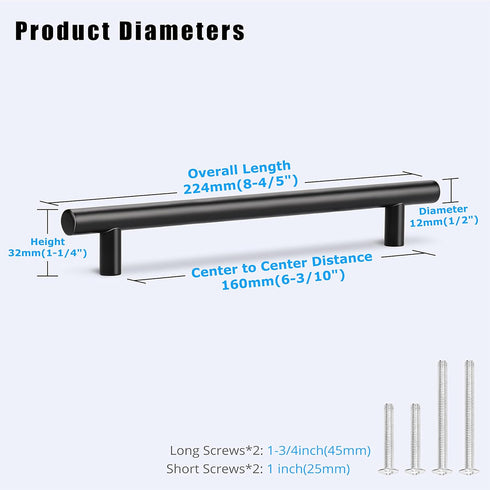 KNOBWELL 5 Pack 6-3/10 Inch Matte Black Kitchen Cabinet Handles, Round T Bar Pulls