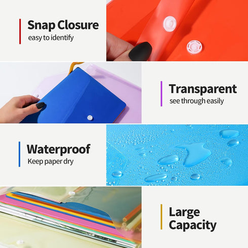 LEOBRO 4 PCS Plastic File Folders - A4 Size Document Holders with Snap Closure, Clear Envelopes Organizer