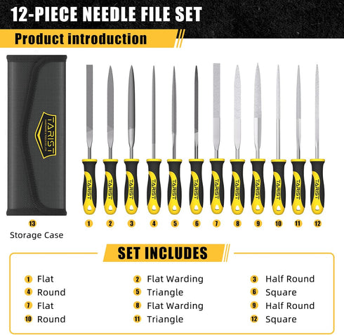 12PCS Needle File Set with Tool Bag, Small File Set includes 6 Jeweler Files & 6 Steel Files for Metal, Wood, Leather
