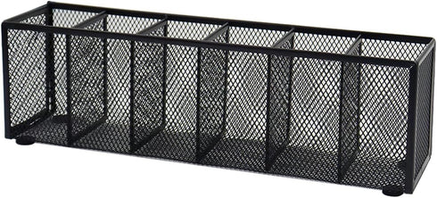 Black Mesh Pen Pencil Holder, Small Metal Desk Organizer with 6 Compartments for Office Supplies, Home, School,