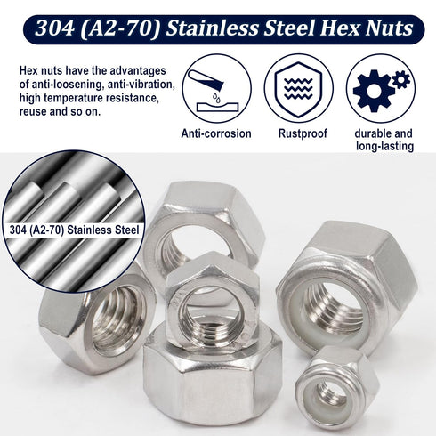 ZQZ 345 Pack 4#40 6#32 8#32 10#24 10#32 12#24 1/4-20 5/16-18 3/8-16 7/16-14 1/2-13, 304 Set SAE Hex Nut & Lock Nuts