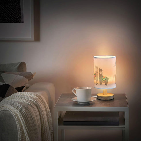 YYZZH Cute Llama Alpaca Funny Smile Animal Table Lamp with Wood Base Fabric Lamp Shade Bedside Nightstand Desk Lamp