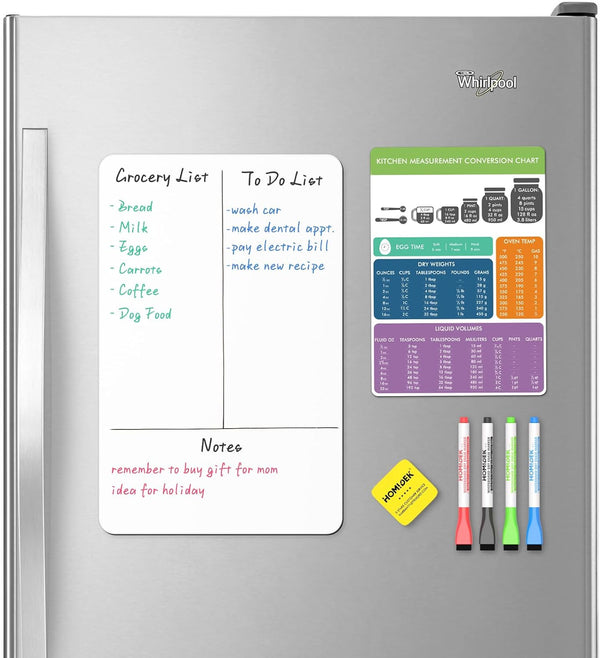 Magnetic Dry Erase Board Whiteboard for Fridge, 12x8 Inches with Kitchen Conversion Chart Magnet, 4 Markers