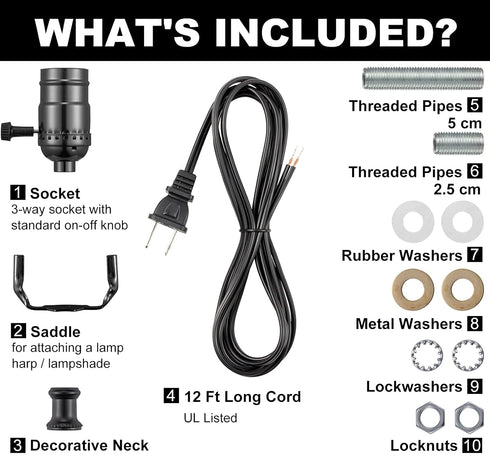 Lamp Rewire Kit, 12 Foot Matching Cord, 3 Way Socket and Essential Hardware, DIY Light Making Kit for Table and Floor