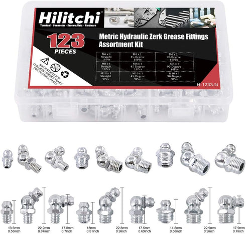 Hilitchi 123Pcs Metric Hydraulic Zerk Grease Fittings Assortment Kit
