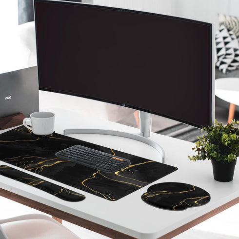 Britimes Set 4in1 35.4x15.7 inches Black Gold Marble Keyboard Mouse Pad Large Mousepad+Keyboard Wrist Rest+Mouse Wrist