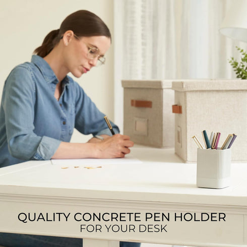 KIBAGA Aesthetic Desk Pen Holder - Modern Concrete Pencil Holder, Cute Functional Desk Organizer for Office Supplies,