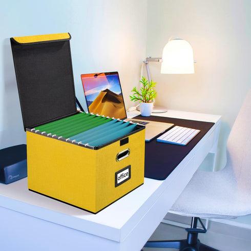 Huolewa Collapsible File Storage Organizer Box with Lid, Yellow Linen Document Storage for Letter/Legal Folders