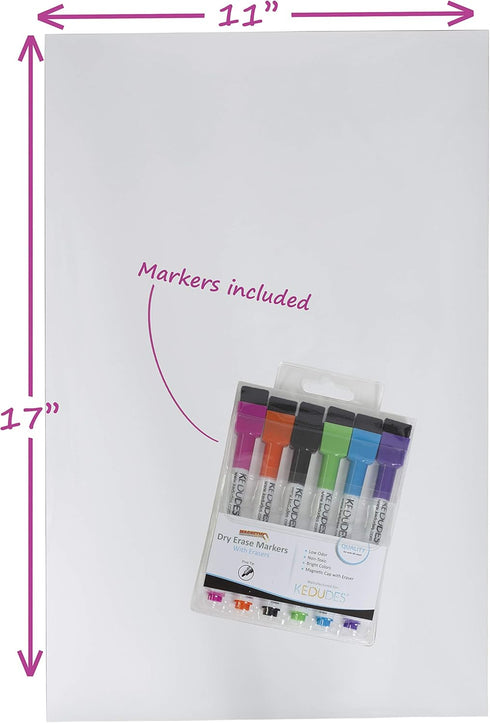 Kedudes USA Made Magnetic Dry Erase Board Sheet 17" x 11" with 6 Markers - Magnetic Whiteboard for Fridge