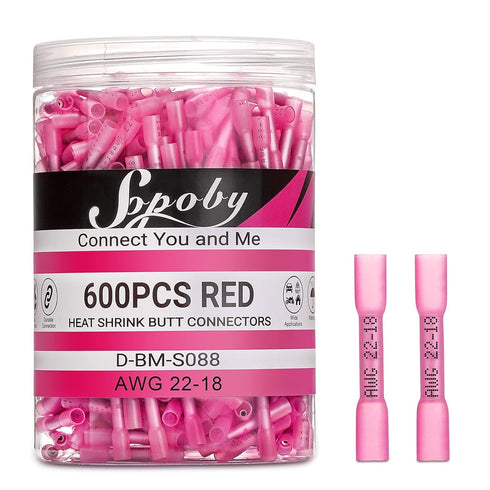 Sopoby 600PCS Heat Shrink Butt Connectors, Red 22-18 AWG, Tinned Red Copper Marine Grade Waterproof Electrical