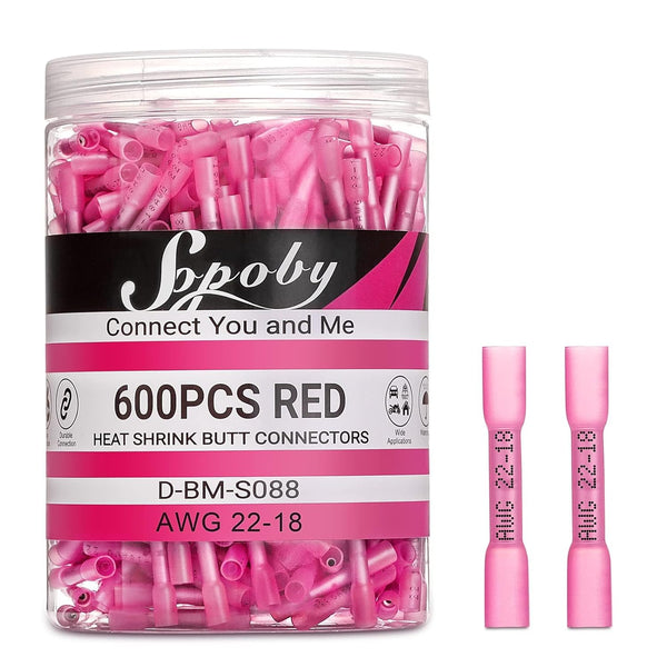 Sopoby 600PCS Heat Shrink Butt Connectors, Red 22-18 AWG, Tinned Red Copper Marine Grade Waterproof Electrical