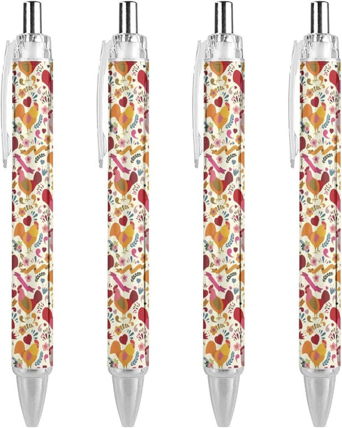 Cute Rooster Chickens Print Ballpoint Pen - Retractable Writing Pen Gift Set for Home Office (4PCS)