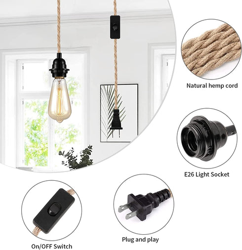 CAFULAM Industrial Hanging Light with Plug in Cord - Hemp Rope On/Off Switch, Farmhouse Pendant Light for Dining Room